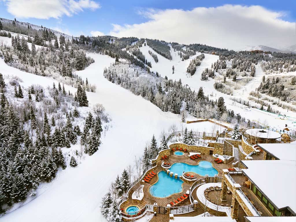 The St. Regis Deer Valley. Winter Exterior. Aerial view of pools.
